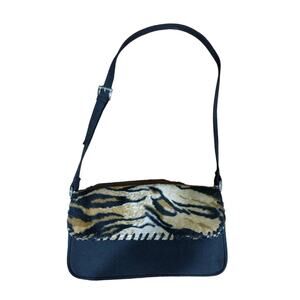 Frankie & Johnnie Faux Fur Flap Bag with Adjustable Strap,‎ Black and Beige